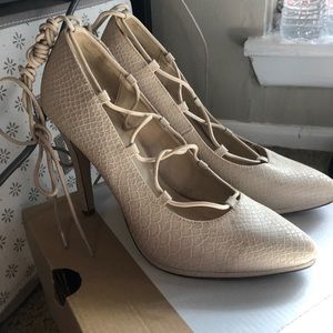 Beige wrap up heels